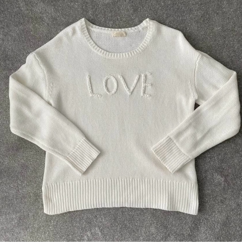 Cupio White Crew Neck Sweater with Textured LOVE Design